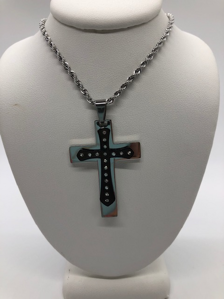 Stainless Steel & Black CZ Cross Necklace