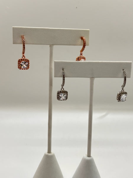 CZ Silver or Rose Gold Square Earrings