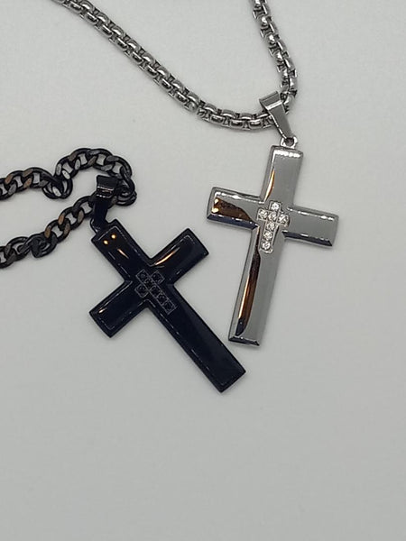 Silver or Black Stainless Steel Cross Necklace with CZs